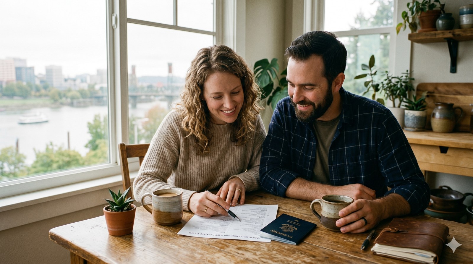 A couple sits at a sunlit kitchen table in Portland reviewing a US passport and paperwork together, with the Willamette River visible through the window.