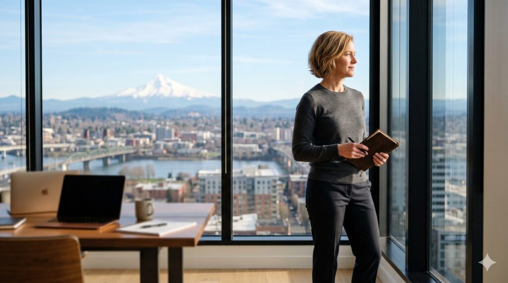A professional in a charcoal sweater stands at a sunlit Portland office window looking out at Mt Hood, holding a leather notebook.