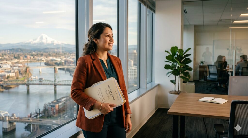 A woman in a smart casual jacket holds a folder of immigration paperwork at a downtown Portland office window with Mt Hood and the Willamette visible in the distance.