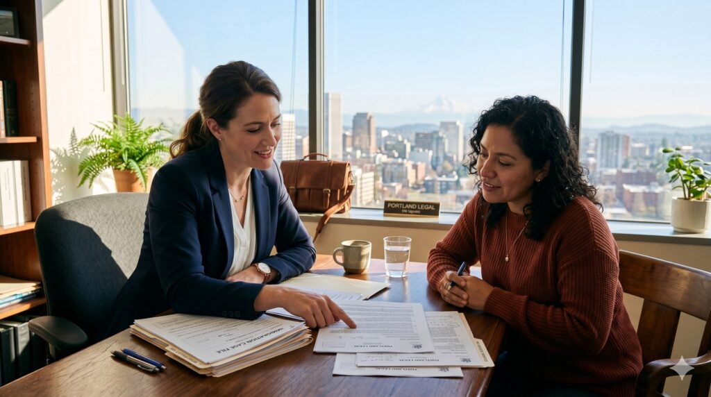 An attorney in a navy blazer reviews visa paperwork at a desk with a client, with the Portland skyline and Mt Hood visible through the window.