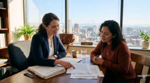 An attorney in a navy blazer reviews visa paperwork at a desk with a client, with the Portland skyline and Mt Hood visible through the window.