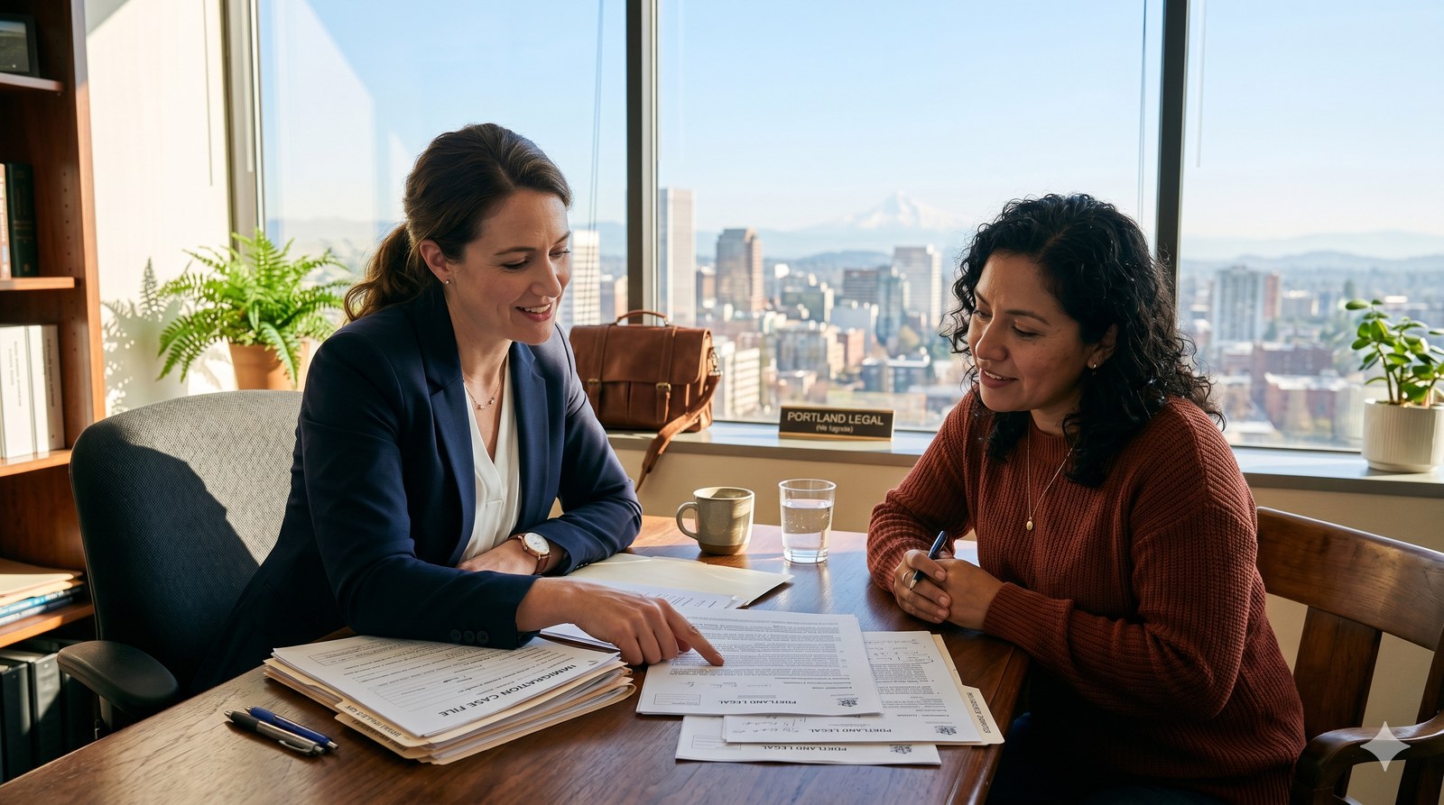 An attorney in a navy blazer reviews visa paperwork at a desk with a client, with the Portland skyline and Mt Hood visible through the window.